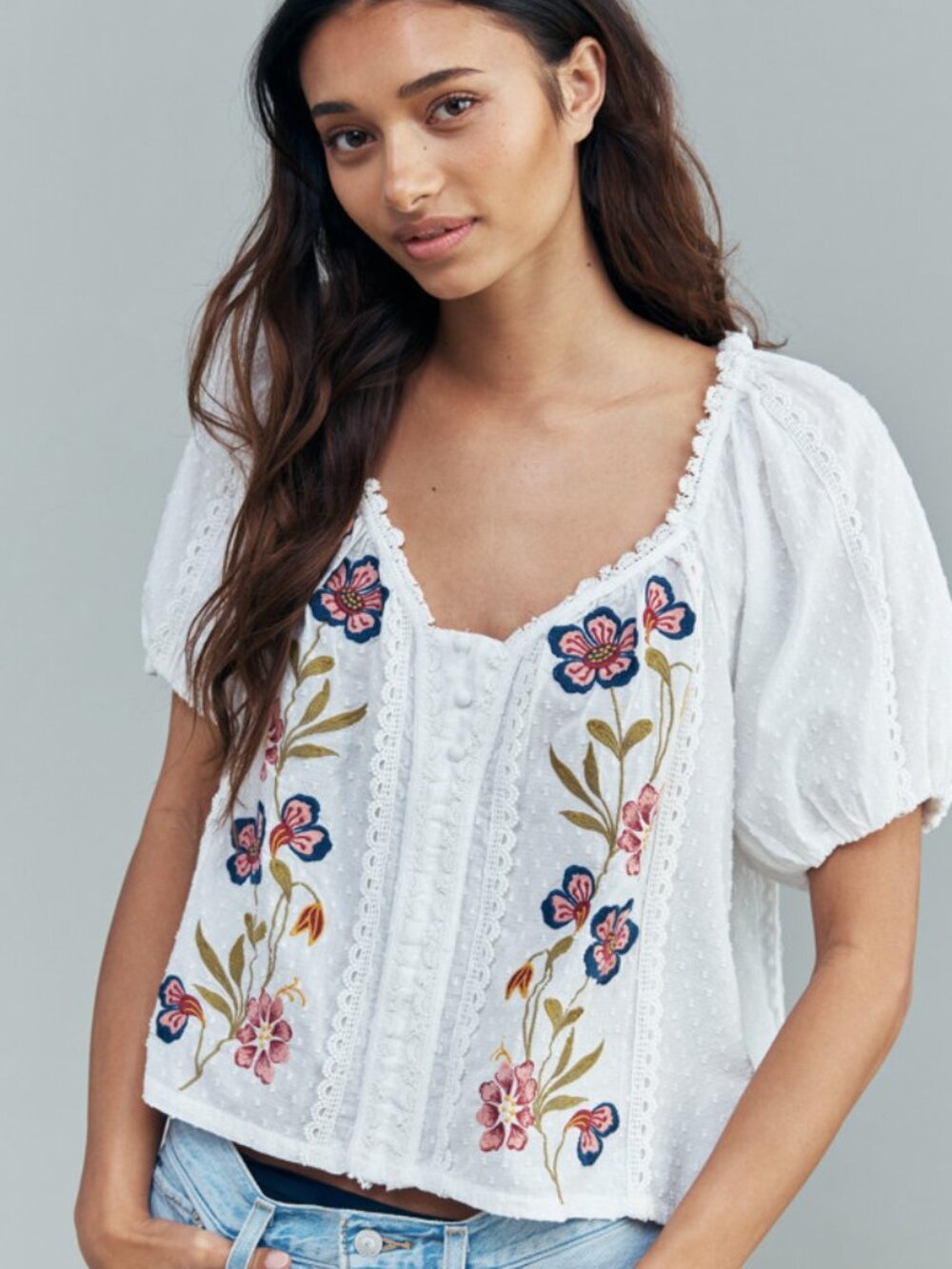 Anthropologie Embroidered Puff Sleeve Swing Blouse Boho Cotton Top Size XS